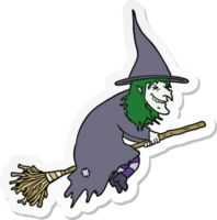 sticker of a cartoon witch on broom png