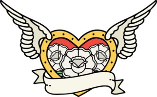 tattoo in traditional style of a flying heart with flowers and banner png