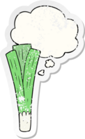 cartoon leek with thought bubble as a distressed worn sticker png