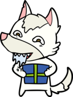 cartoon hungry wolf holding christmas present png