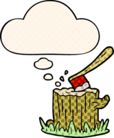 cartoon axe in tree stump with thought bubble in comic book style png