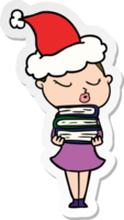 hand drawn sticker cartoon of a calm woman wearing santa hat png