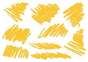 amarillo lápiz de color líneas y trazos garabatear lápiz de color golpes texturas y grunge tiza dibujos. vector