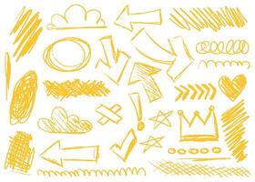 Yellow crayon lines and strokes. Doodle pencil lines and grunge chalk drawings vector