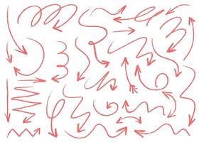 Red charcoal hand draw arrows collection. Brush strokes, artistic grunge arrows vector