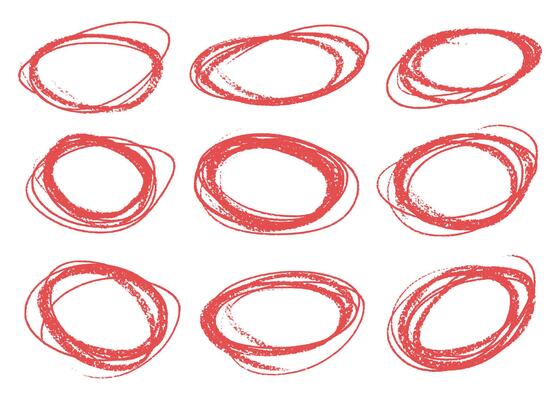 Doodle pencil drawn oval circles. Red grunge ovals and circles for highlighting