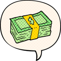 cartoon stack of cash with speech bubble in comic book style png