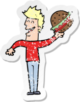 retro nödställd klistermärke av en tecknad man med hamburgare png