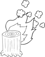 hand drawn black and white cartoon tree stump on fire png