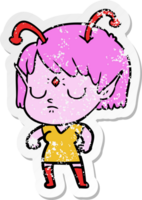 distressed sticker of a cartoon alien girl png