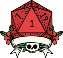 Retro Tattoo Style natural one d20 dice roll png