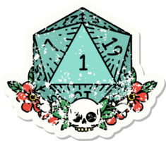 grunge sticker of a natural one dice roll with floral elements png