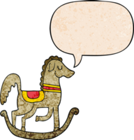 dibujos animados balanceo caballo con habla burbuja en retro textura estilo png