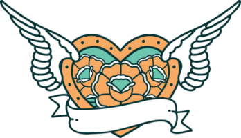 ikonisches Bild im Tattoo-Stil eines fliegenden Herzens mit Blumen und Banner png