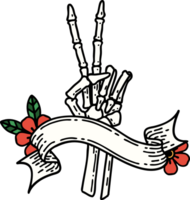 traditional tattoo with banner of a skeleton giving a peace sign png