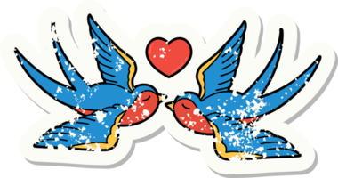 distressed sticker tattoo in traditional style of swallows and a heart png