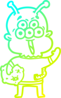 cold gradient line drawing of a happy cartoon alien with moon rock png
