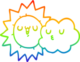 rainbow gradient line drawing of a cartoon sun and cloud png