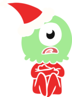 hand drawn flat color illustration of a cyclops alien spaceman wearing santa hat png