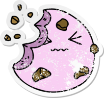 distressed sticker of a quirky hand drawn cartoon munched cookie png