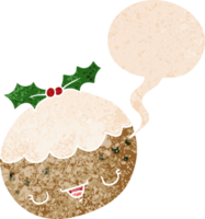 linda dibujos animados Navidad pudín con habla burbuja en grunge afligido retro texturizado estilo png