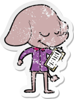 distressed sticker of a cartoon smiling elephant with clipboard png