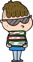 garçon de dessin animé portant des lunettes de soleil avec une pile de livres png