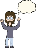 dessin animé hippie homme agitant les bras avec bulle de pensée png