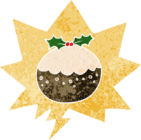 dessin animé Noël pudding avec discours bulle dans grunge affligé rétro texturé style png