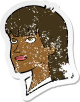 retro distressed sticker of a cartoon serious woman png