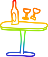 rainbow gradient line drawing of a cartoon table with bottle and glasses png