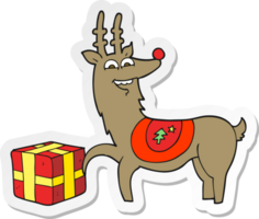 sticker of a cartoon christmas reindeer with present png