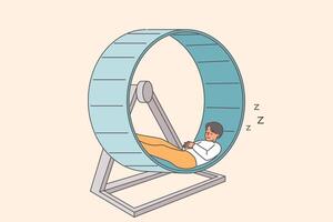 Man sleeps on hamster wheel after professional burnout caused by routine, uninteresting work vector