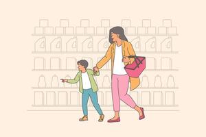 Mother and child shop in supermarket, passing shelves with assortment of cleaning products vector