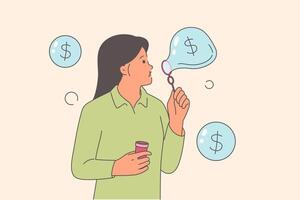 Woman blowing financial bubbles as metaphor for creating money from air or unreliable investments vector