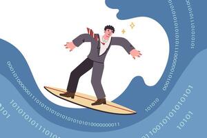 Business man is surfing internet, standing on surfboard gliding along waves of binary code vector