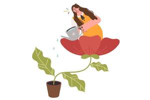 Woman watering giant potted home flower for self development and mental wellbeing concept vector