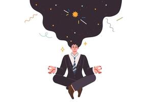 Meditating business man doing yoga thinking about space and trying to get signal from universe vector