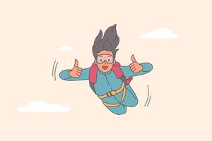 mujer paracaidista moscas en cielo demostración pulgares arriba, disfrutando prisa de adrenalina en cuerpo vector