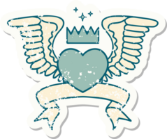 worn old sticker with banner of a heart with wings png