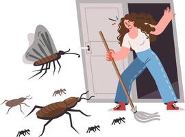 Insects and pests attack woman trying to enter apartment after thorough cleaning or disinfection vector