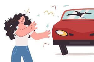 Woman got into car accident due to violation of traffic rules, stands near broken automobile vector