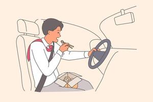 Rushing man driver eats noodles and drives car at same time, due to strict deadlines at work vector