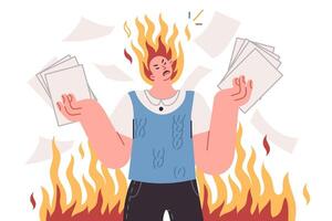 Angry man, nervous about bureaucracy and overabundance of paperwork, stands among flames vector