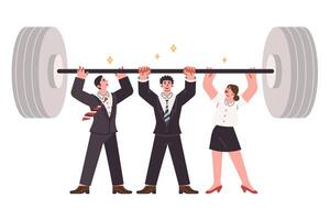 Team of business people lift barbell together, demonstrating unity and synergy in achieving goal vector