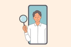 Business man with magnifying glass looks out of phone display, offering to use search technology vector