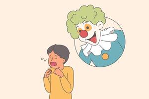 Hysterical behavior of little boy, seeing clown and frightened due to coulrophobia vector