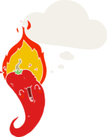 cartoon flaming hot chili pepper with thought bubble in retro style png