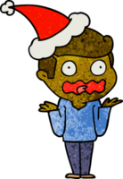 main tiré texturé dessin animé de une homme totalement stressé en dehors portant Père Noël chapeau png