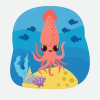 Figure squid. Insulated squid on a white background, sea bottom. Color illustration in the style of cartoon. Seafloor with algae, shells and corals vector